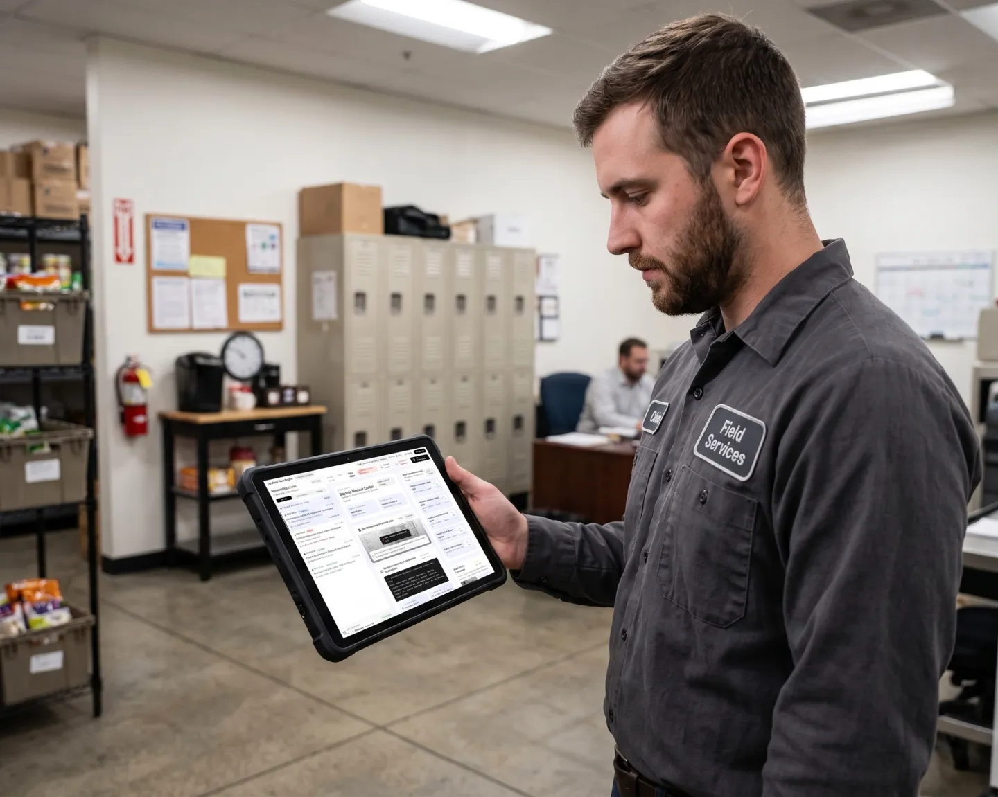 Man reviewing tools requests from technician on a tablet