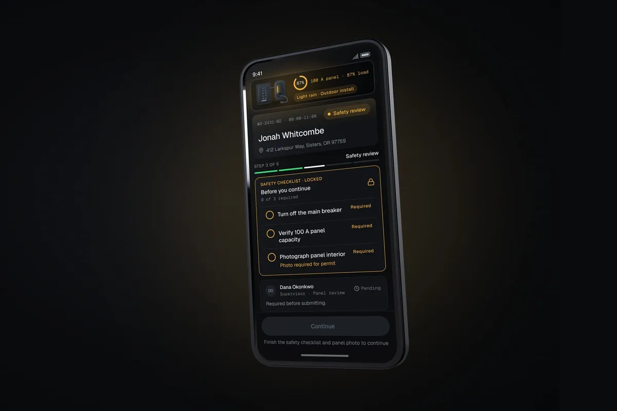 The FieldOps concept app on a phone, with a locked safety checklist at the top of an EV charger job