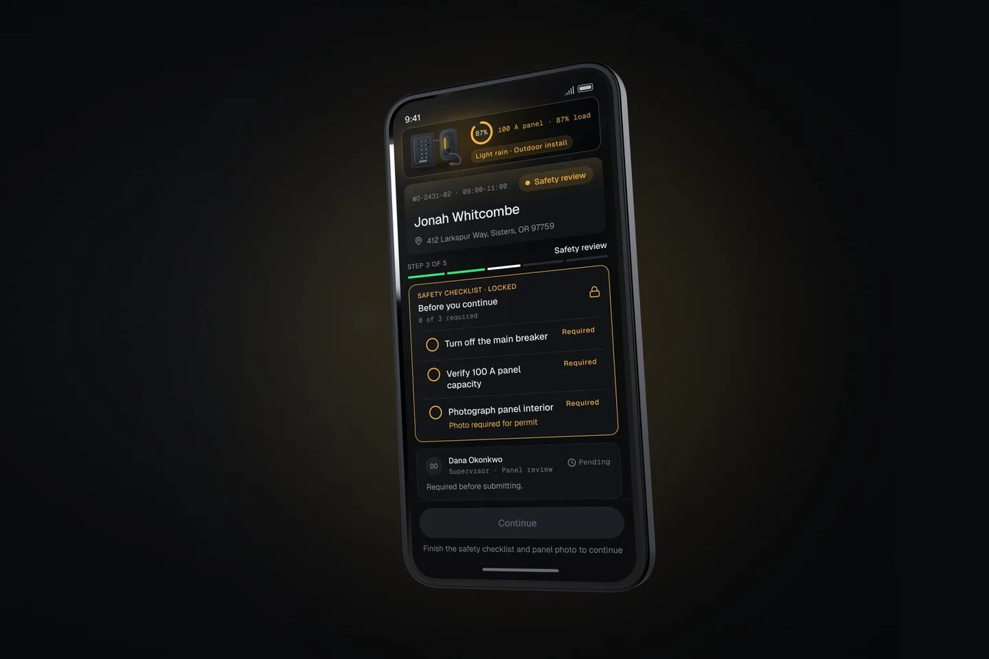 The FieldOps concept app on a phone, with a locked safety checklist at the top of an EV charger job and a supervisor approval pending.