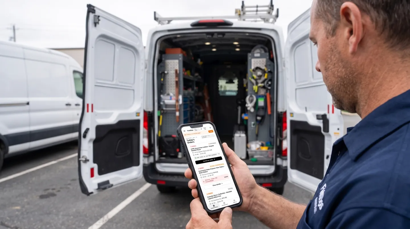 Technician reviewing tools in his van using a phone.